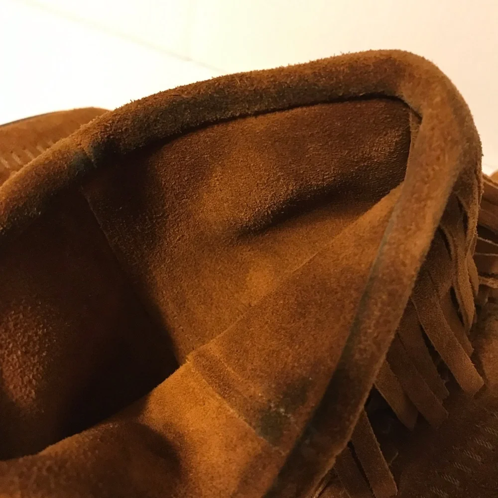 Moccasin brown suede layer tiered fringe boots women fits size 9 - Picture 5 of 11